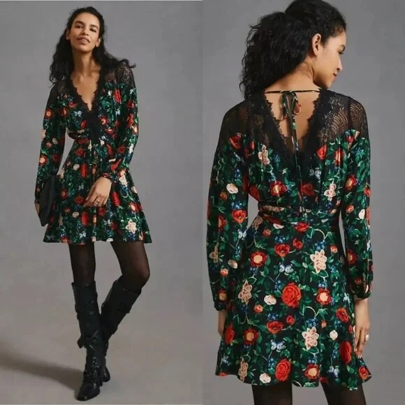 Anthropologie Dresses & Skirts - Anthropologie Lacy V-Neck Black Floral Mini Dress Long Sleeve Size 16 NEW